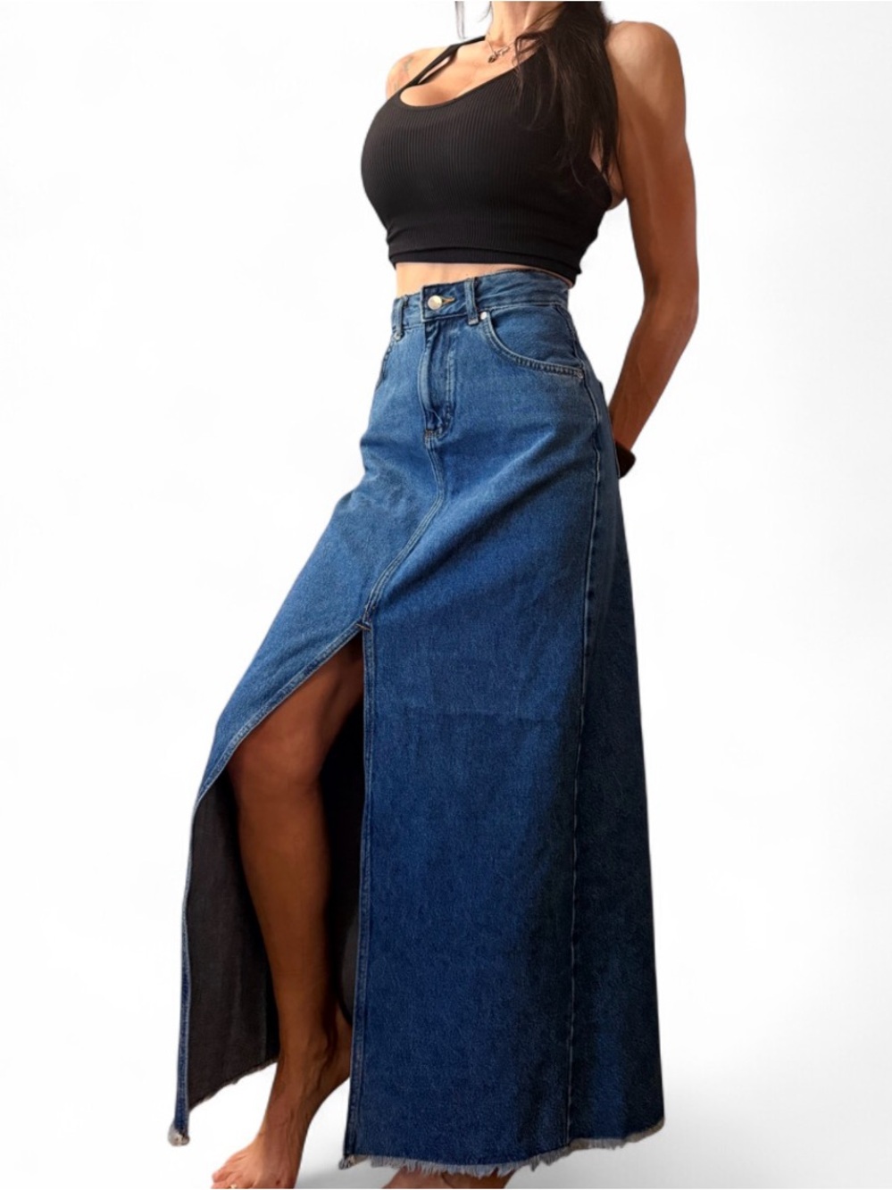 Pilcro by Anthropologie Madi High Rise Denim Maxi Skirt Front